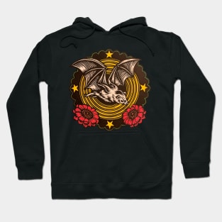 Hand Painted Bat flying above red flowers Hoodie